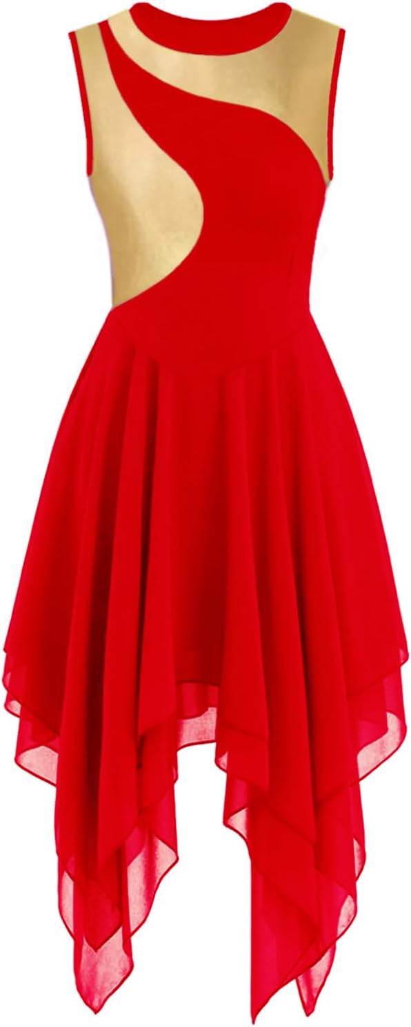 Praise Dance Tunic Dresses for Women Sleeveless Gold Color Block Irregular Flowy Skirt Worship Lyrical Dance Costume