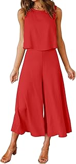 Women's Summer 2 Piece Outfits Round Neck Crop Basic Top Cropped Wide Leg Pants Set Jumpsuits
