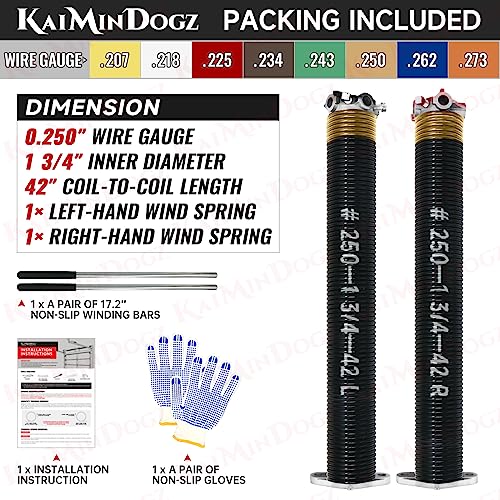 KaiMinDogz Pair of 1.75" Garage Door Torsion Springs Set with Non-Slip Winding Bars&Gloves, High Precision Electrophoresis Oil-Free Black Coated for Replacement, MIN 16,000 Cycles (0.250 x 1.75"x 42") by KaiMinDogz - Image 2