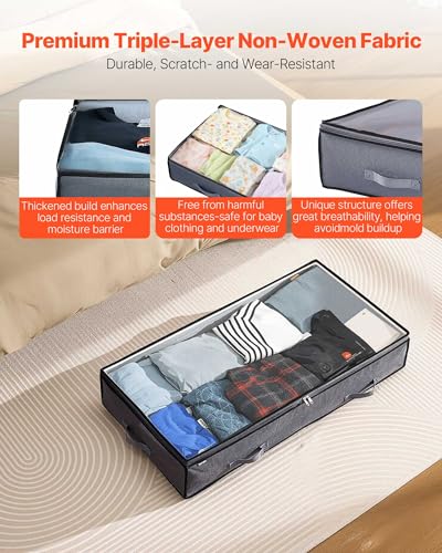 VEVOR Sacs de Rangement sous Lit 4 Pièces 90 L, Organisateur de Chaussures sous le Lit avec Couvercles Transparents, Boîte de Rangement pour Vêtements, Couvertures, Chambre à Coucher, Maison, Gris