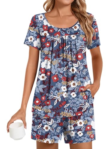 POPYOUNG Plus Size Womens Pajamas Sets 2 Pieces Lounge Sleepwear Ladies Pjs Sets with Pockets 3XL, Blue Floral Mix