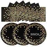 50Pcs Black and Gold Paper Plates, Disposable Party Plates and Napkins, 9 Inch Strong Paper Plate, Party Tableware Set for Birthday Bridal Shower Wedding Table Decorations