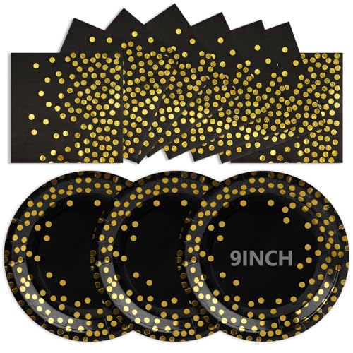 50Pcs Black and Gold Paper Plates, Disposable Party Plates and Napkins, 9 Inch Strong Paper Plate, Party Tableware Set for Birthday Bridal Shower Wedding Table Decorations