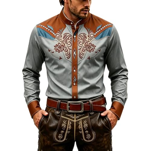 Disfraz de vaquero camisa vintage ornamental de botones y solapa para fiesta de hombre