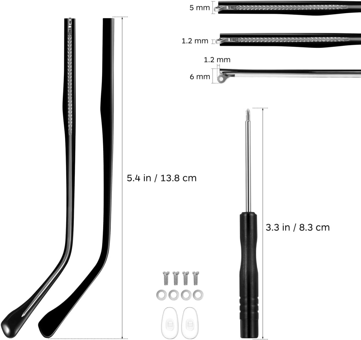 1 Pair Glasses Arm Replacement for Universal Eyeglasses Replacement Temple Black Eyeglasses Arms Legs Slim Eye Glass Repair Kit with Screws Washers Screwdriver for Sunglasses Reading Glasses
