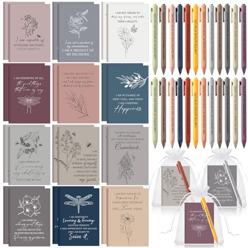 Mooliwe 48 Pcs Positive Affirmation Gift Set Gratitude Notebooks with Pens Small Bags Motivational Encouragement Notepads Daily Affirmations Journal for Women Stress Relief Self Care (Minimalist)
