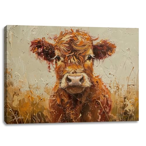 2D No Texture Highland Cow Canvas Wall Art Decor, Cute Farmhouse Cows Print Painting Poster, Oil Highland Cow Pictures for Wall Living Room Bedroom Farmhouse Home Decoration 12*16 in (Stretched Canvas on A Wooden Frame)