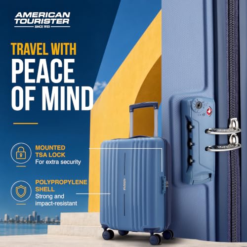 Image of American Tourister Cleva S | Cabin Trolley Bag (55 cm) | 360 8 Wheel Travel Luggage | 2 Compartments | Hard Luggage Polypropylene Suitcase | Mounted TSA Lock | 3 Years Warranty | Blue & Navy Blue