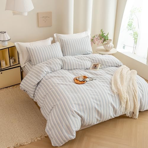 Image of ECOCOTT Striped Duvet Cover King Size -100% Washed Cotton Linen Like Textured Breathable Durable Soft Comfy Bedding Set with Zipper Closure & Corner Ties