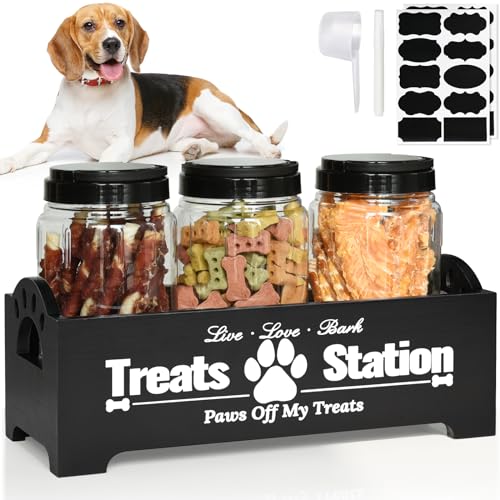 Dog Treat Container Dog Food Container for Dog Food Storage, Farmhouse Cat Food Container Pet Food Storage Organizer, Wood Dog Treat Holder with 3 Plastic Cat Dog Treat Jars, Black Cat Treat Container