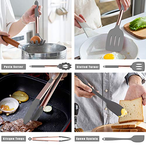 Silicone Cooking Utensil Set, Fungun 24pcs Silicone Cooking Kitchen Utensils Set, Non-stick Heat Resistant - Best Kitchen Cookware with Copper Stainless Steel Handle -Gray(BPA Free, Non Toxic)