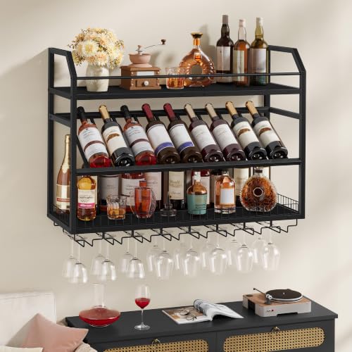 Image of Hoctieon Wall Mounted Wine Rack, 31.5 inch Wall Wine Rack for Display and Storage, Hanging Bottle Holder, for Living Room, Dining Room, Bar, Wine Cellar, Black