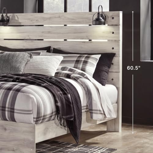 Image of Signature Design by Ashley Cambeck King Panel Bed, Built-in Lights and USB Ports, Rustic Farmhouse Design, King Size Bed Frame with Headboard, Whitewash