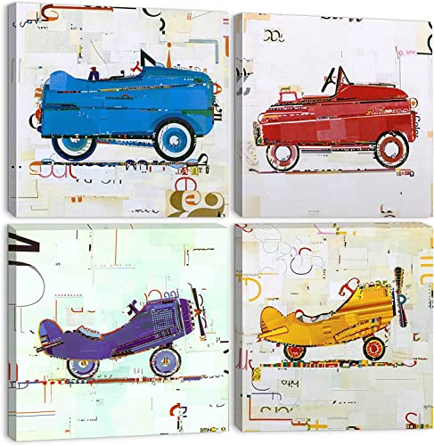 Car Posters Decor Boys Room Decor Cartoon Racing Car Plane Canvas Prints Wall Art Colorful Construction Pictures Watercolor Vehicle Themed Paintings For Toddler Nursery Artwork Home Decorations 12X12”4Pcs #TOP4
