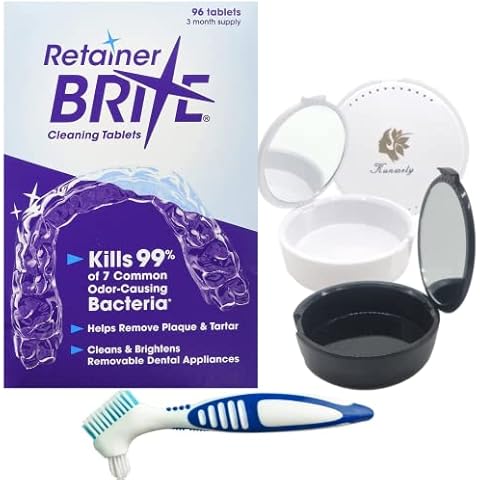 Retainer Brite 96 Tablets 3 Months Supply + Denture Brush + Kunwely Retainer Case - Retainer Cleaner Tablets for Plaque, Tartar, Invisalign, Mouth Guard, Dentures & Orthodontic Appliances Cover