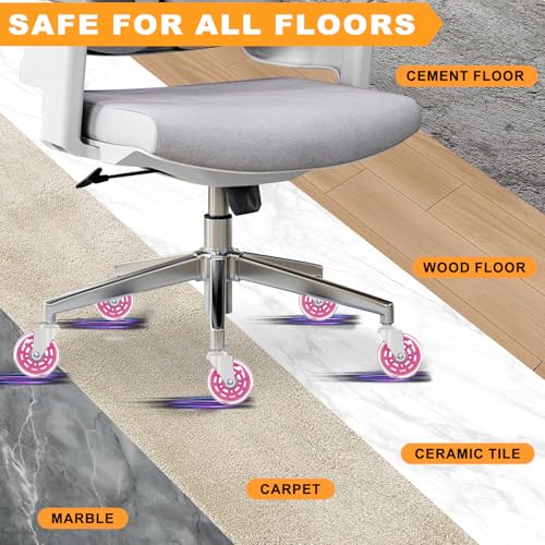 Image of Office Chair Wheels for Casters Replacement - 3 inch Rubber Wheels for Computer Gaming Desk Caster Smooth & Safe Rolling for All Floors Including Hardwood and Carpet - Set of 5 - Pink