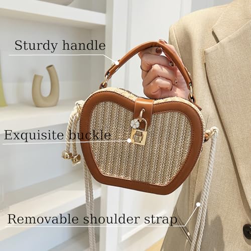 Image of Beach Straw Purse for Women Crossbody Straw Beach Cute Tote Brown Woven Basket Purse Vacation Handbag Shoulder Bag