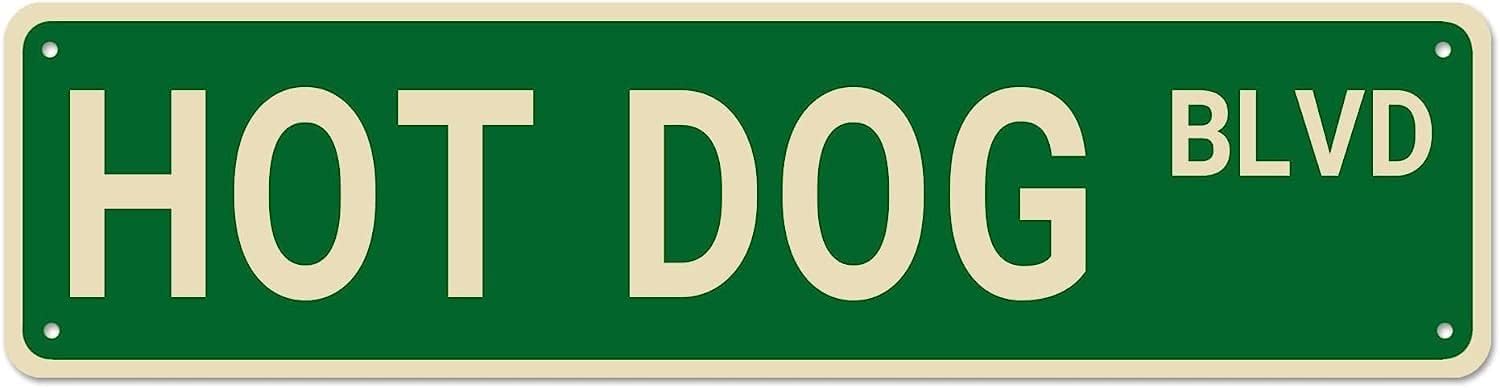 Peiyeety A001 Vintage Metal Tin Sign Hot Dog Boulevard Street Sign, Retro Wall Decor For Home, Bar, Garage, Cafe, Man Cave, Kitchen, Diner, Rustic Wall Art For Indoor And Outdoor Decoration, 4X16 Inch