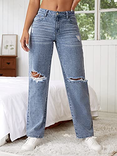 SweatyRocks Women's Straight Wide Leg High Waisted Jeans Ripped Distressed Cut Out Denim Pants3