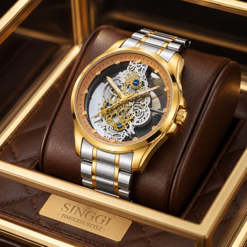 Image of Premium Skeleton Style Quartz Watch for Men - Luxury Two-Tone Gold & Stainless Steel Mechanical Look Analogue Wristwatch, Transparent Steampunk Dial, Fashion Dress Watch