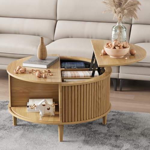 FNeL Round Coffee Table with Storage, Fluted Lift Top Coffee Table for Living Room, 31.5