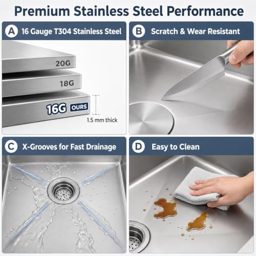 Image of 32 Inch Double Undermount Kitchen Sink, 16 Gauge T304 Stainless Steel Sink, 32 inch x 18 inch x 10 inch Deep 50 /50 Equal Double Bowl Workstation Sink with Accessories & Cutting Template
