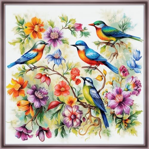 Image of Foxdiviy Stamped Cross Stitch Kits for Beginners Full Range of Cross Stitching 11 CT Printed Cross Stitch Kits for Adults Cross Stitch Patterns Needlepoint Kits-Bird Flowers 18x18 inch