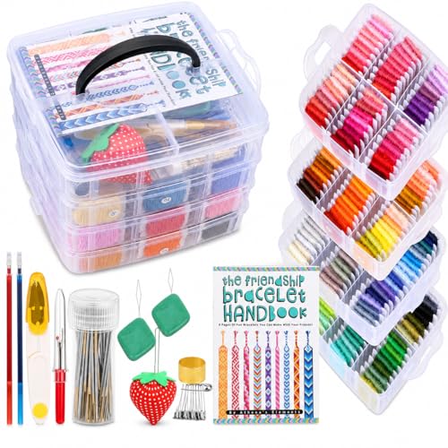 Athenas Elements 4 Tiers Embroidery Floss Thread Kit Including 210 Colors Cross Stitch Sewing Thread with Embroidery Accessories with Making Book Guide Storage Organizer Box