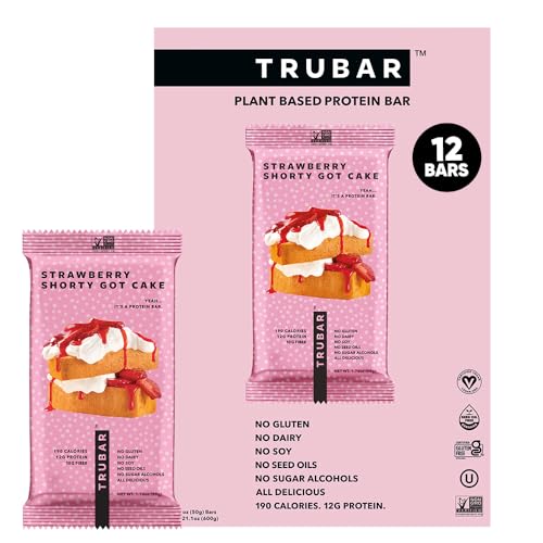 Image of TRUBAR Vegan Protein Bar, Strawberry Shorty Got Cake, Gluten Free, Plant Based Protein, Dairy Free, Non GMO, Soy Free, No Sugar Alcohols, 12G Protein, 12G Fiber, 23G Carb, On the Go Snack Bars, 12 CT