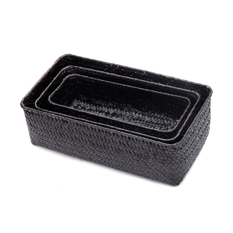 Cesta de almacenamiento de ratán negro tejida, rectangular, para estantes de cocina, baño, elegante y funcional, contenedor decorativo (S)