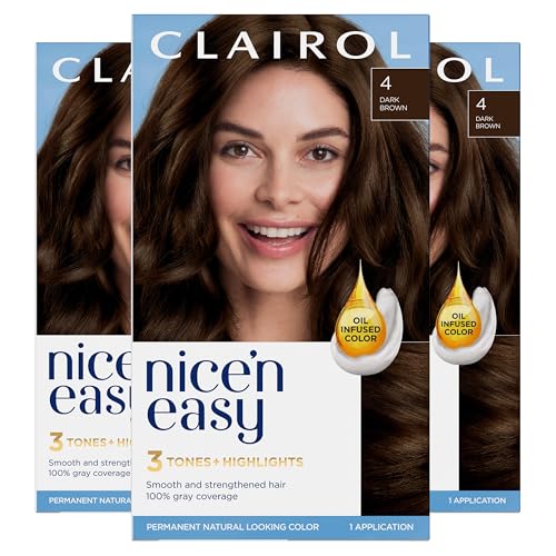 Clairol Nice’n Easy Permanent Hair Dye, 4 Dark Brown Hair Color, Pack of 3