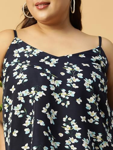 Image of Women Plus Size Navy Blue Floral Print Shoulder Strap A-line Top & Tunic 2XL /3XL /4XL /5XL /6XL /7XL /8XL