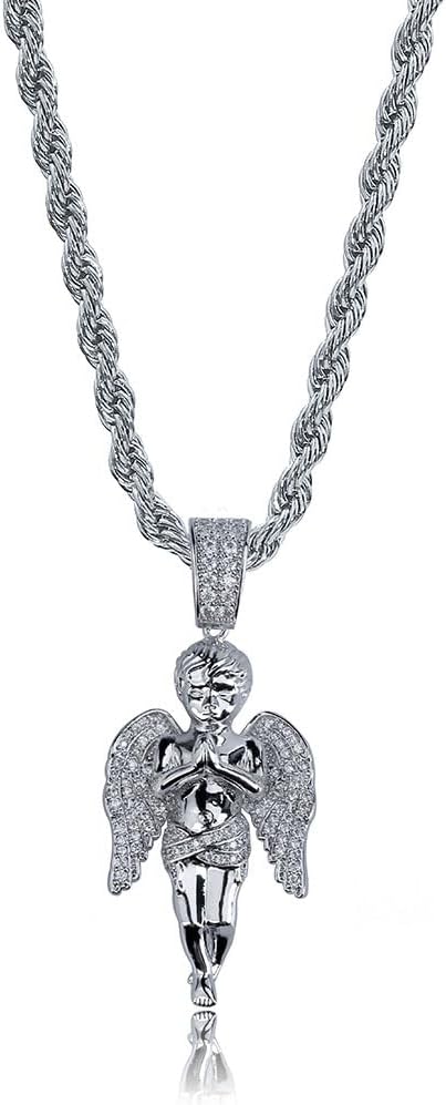 Punk Iced Out Necklace for Men - Hip HopHands Clasped in Prayer Angel Pendant - Copper Plated 18K Gold Micro Inlaid Zircon with 24in Rope Chain