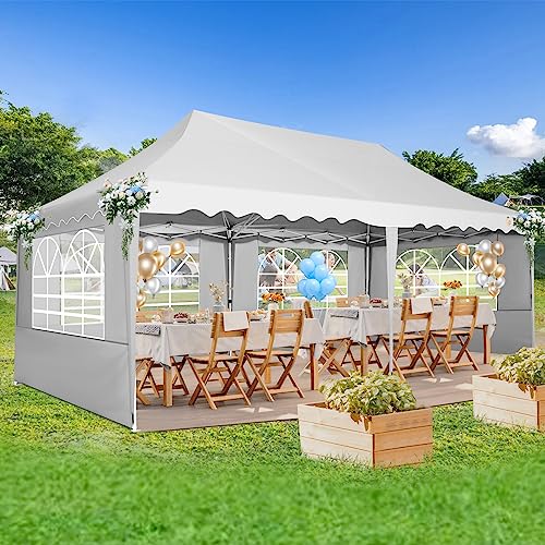 Image of HOTEEL Folding Gazebo 3 x 6 Gazebo Waterproof Stable Party Tent Foldable Folding Tent with 6 Side Walls & Roll Bag & 4 Sand Bags, Easy Assembly for Weddings, Commerce, Parties, UV50+ Protection, White