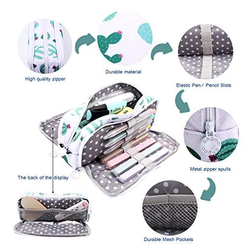 Image of MAMUNU Big Capacity Pencil Pen Case, 3 Compartments Large Storage Canvas Pencil Pouch with Zipper, Green Cactus Design Aesthetic Pencil Pouch For Office School