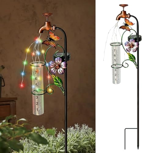 VividLadybug Glass Rain Gauge Outdoor,Solar Lights Faucet Stake with Rain Gauges,Flowing Water LED Lights Stake for Outside,Yard Art,Garden Decor