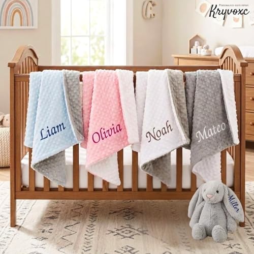 Image of Personalized Baby Blanket and Plush Bunny Set, Custom Baby Blankets and Rabbit with Name, Personalized 2 in 1 Gift Set for Boy Girl Toddlers, Minky Dot Swaddle, Gift Set for Showering, Birthday