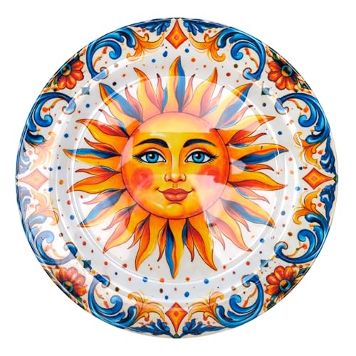 Dekorah Plato de melamina fabricado en Italia, diámetro 28 cm, efecto cerámica mayólica, bajo plato de diseño mediterráneo para barco, caravana y jardín, sin BPA – Modelo Sole di Sicilia