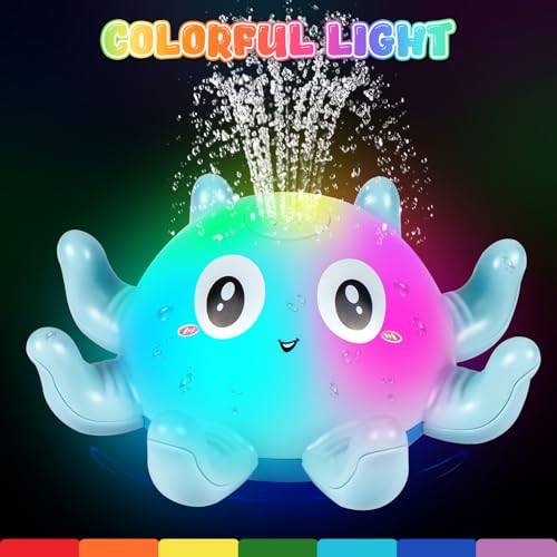 Jiosdo Badespielzeug, Oktopus Badewannenspielzeug Spray Wasserspielzeug mit Licht, Leuchtend Badespielzeug Baby, Badewann Spielzeug Kinder Geschenk für Jungen und Mädchen (Blau)