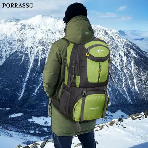 PORRASSO 50/60 L Plecak turystyczny Wodoodporny Plecak Dzienny Wytrzymały Plecak dla Kobiet i Mężczyzn Podróże Kemping Wspinaczka Sporty na świeżym Powietrzu Zielony A