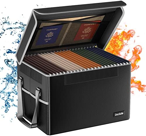 DocSafe File Box Fireproof File Storage Organizer Box with Lid,Collapsible Document Storage Filing Box for Hanging Letter/Legal Folder,Portable Home Office Safe Box Bin Cabinet with Handle,Black