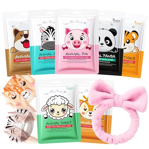 7PCS Tiermotiv Tuchmasken Gesicht mit Stirnband - Gesichtsmaske...