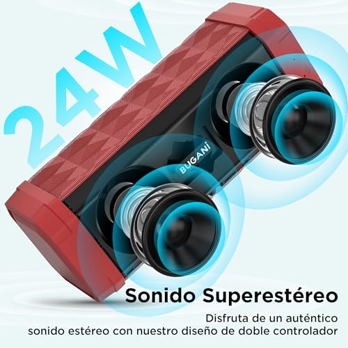 BUGANI Altavoz Bluetooth Potente 30W, Altavoz Bluetooth Portatil 5.4, Altavoces Pequeño, Doble Graves Speaker, 30H Reproducción, IPX5 Impermeable, TWS Emparejamiento, para Exteriores, Fiestas (Rojo) - imagen 6