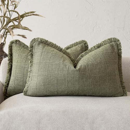 Image of Foindtower Set of 2 Decorative Linen Check Fringe Throw Pillow Covers Farmhouse Lumbar Cushion Covers Modern Boho Home Decor for Sofa Chair Couch Bedroom Living Room,12x20 Inch,Sage Green