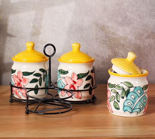 Image of Niyara Handcrafted Ceramic Pickle Jar Set, Premium Metal Tray & Lids - Multipurpose Storage for Pickles, Chutneys, Spices & Condiments (Set of 3 with metal tray, 300 ml, flower design)