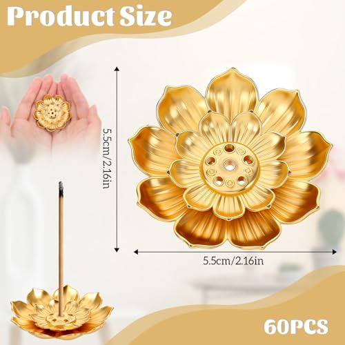 60 Pcs Gold Lotus Incense Sticks Holder, 2.16 Inches/5.5 cm Zinc Alloy Incense Burner Kit, Return Gifts for Pooja, Anti Ash Spilling for Housewarming Yoga Spa Decor