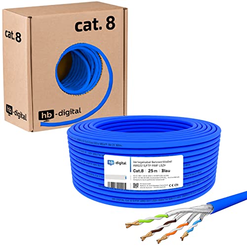 HB-DIGITAL 25m Cat 8.1 Netzwerkkabel Verlegekabel Installationskabel Datenkabel Ethernet LAN Kabel Cat.8 bis zu 40 Gbit/s Kupfer S/FTP 2000 MHz PIMF LSZH Cat8 Halogenfrei RoHS-Compliant AWG 22/1 blau