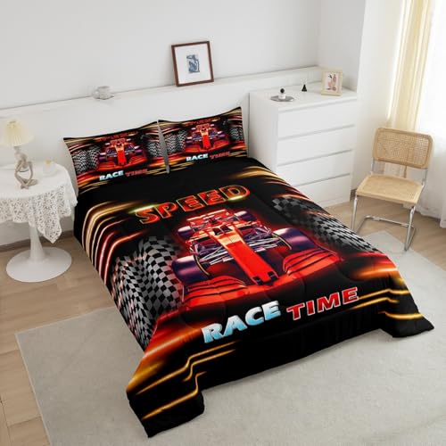 Image of Feelyou Kids Race Car Comforter Set Toddler Size, Racing Sports Duvet Insert Boys Girls Black Red Ombre Bedding Set Teens Bedroom Decor with 1 Pillow Case