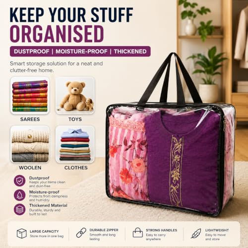 Image of Crasome Pack of 4 Transparent Storage Bag for Saree Covers,Clothes, Lehenga, Blankets, Bedsheets, Toys, Docs|Wardrobe Organizer|Clear Storage Box Bag - Plastic, 40x32x22 cm