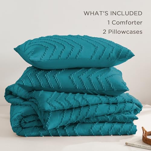 Image of Andency Turquoise Comforter Set Queen Size, Boho Soft Warm Tufted Bedding Comforter Sets for Queen Size Bed, 3 Pieces Aesthetic Chevron Farmhouse Cute Bohemian Textured Bed Set